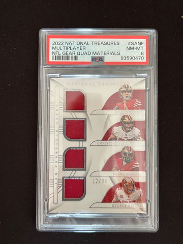 2022 National Treasures Quad NFL Gear Brock Purdy McCaffrey Kittle Samuel /99 PSA 8